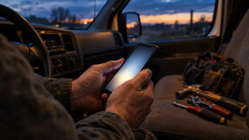 A tradesperson in a work van at dusk holding a smartphone, tools on the passenger seat
