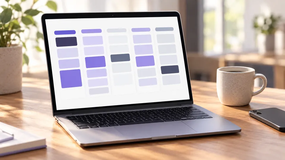 A laptop showing a pipeline board of coloured columns on a sunlit desk beside a coffee and a phone