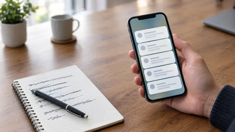 A hand holding a phone full of lead notifications next to a notepad with crossed-out lines