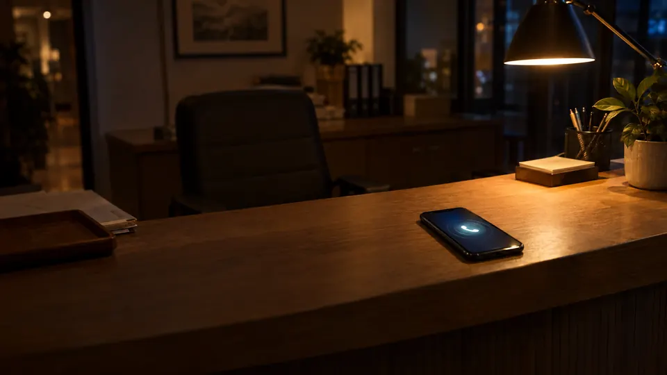 A smartphone lighting up with an incoming call on an empty office desk after hours