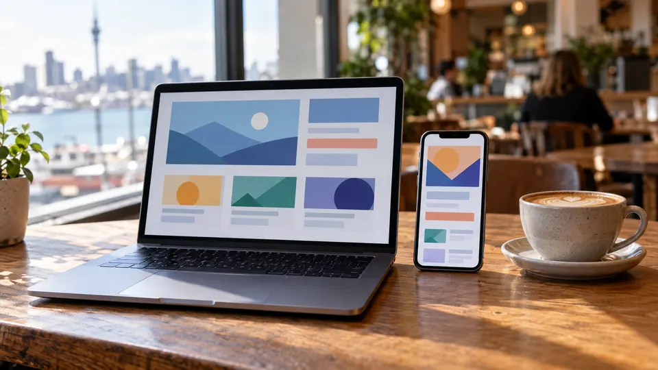 A laptop and phone showing ad layouts on a cafe table with a view of the Auckland skyline