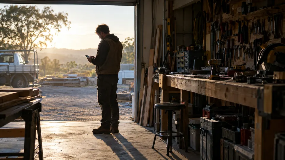 A trade business owner checking a phone in the doorway of a workshop at sunrise