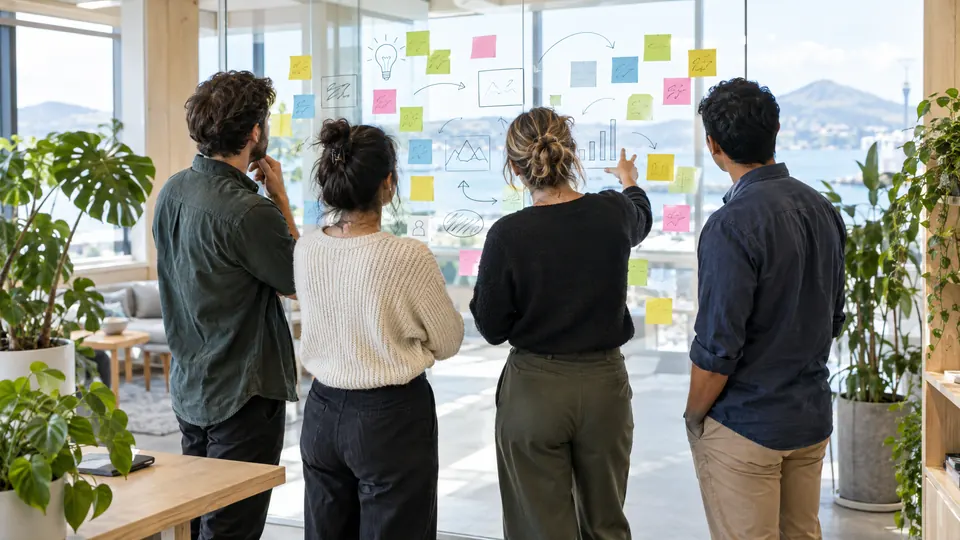 A small team planning marketing on a glass wall covered in sticky notes