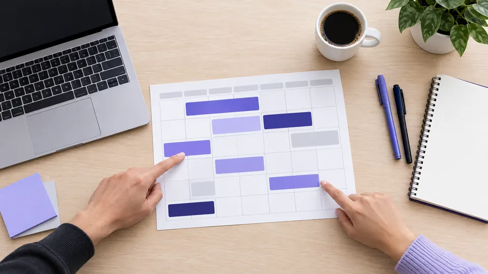 Two people pointing at a monthly marketing plan printed as a calendar of coloured blocks