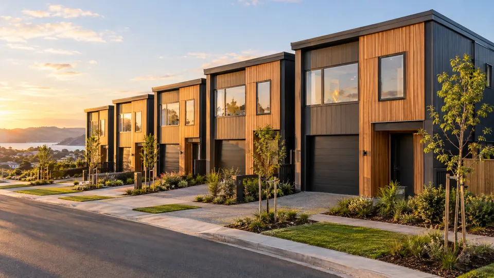 A row of new timber and dark-clad townhouses in a New Zealand suburb at sunset