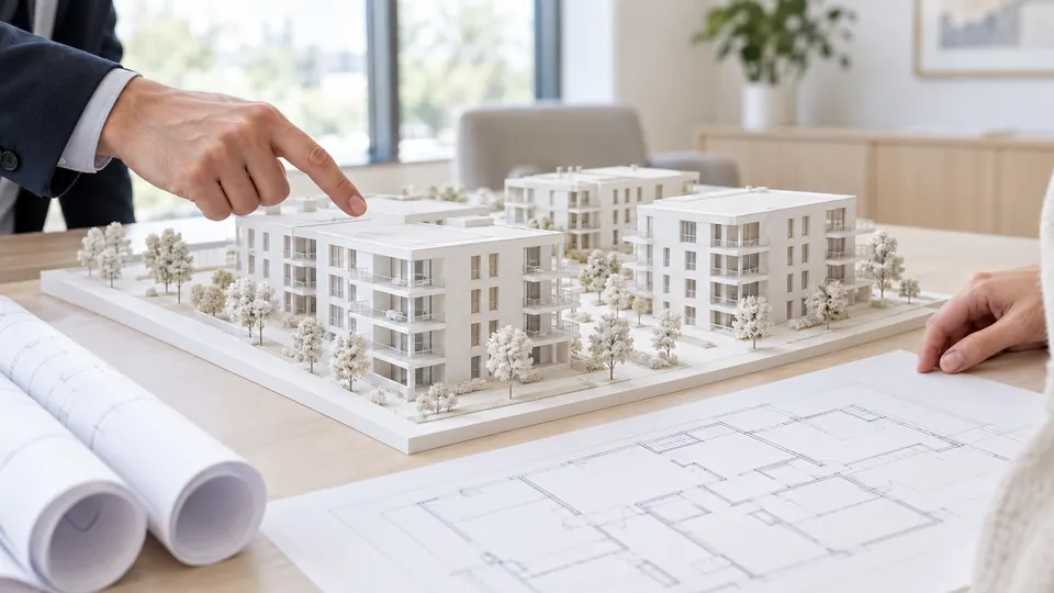 Hands pointing at an architectural model of an apartment development next to floor plans