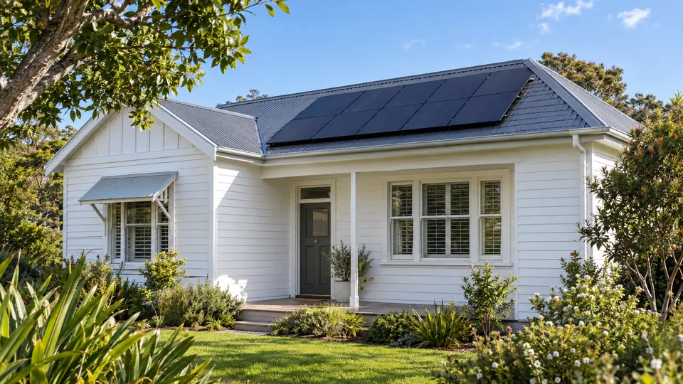 Solar panels on the roof of a white New Zealand weatherboard house