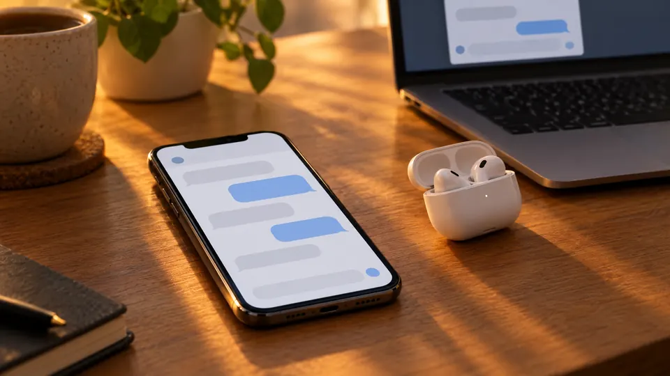 A phone showing a chat conversation on a desk beside earbuds and a laptop