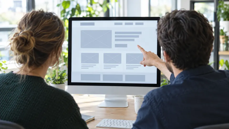 Two people reviewing a website layout on a large monitor in a bright office