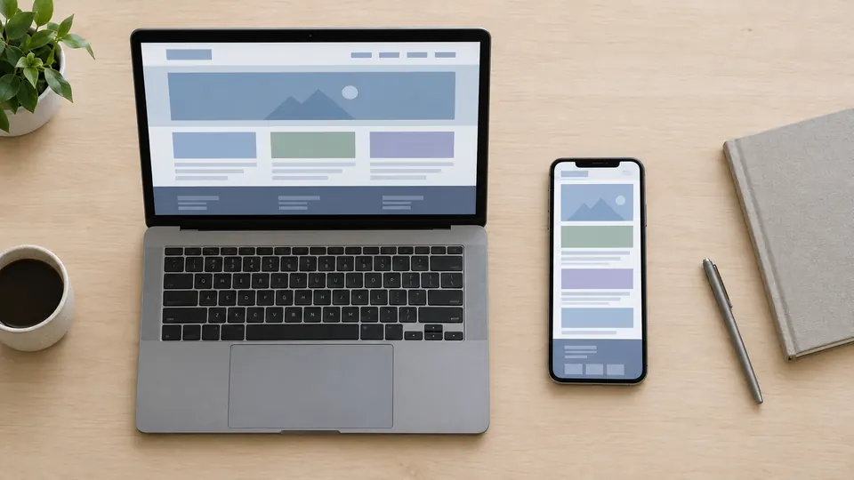 A laptop showing a multi-section website beside a phone showing a single landing page