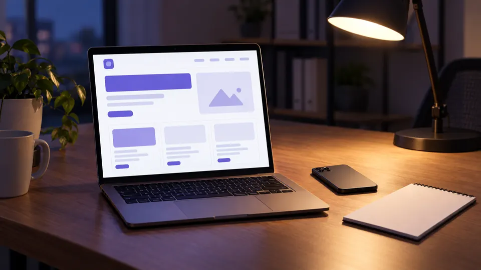 A laptop showing a business website on a desk at night under a lamp