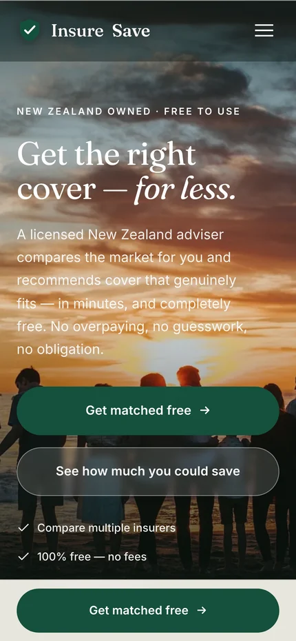 InsureSave homepage on mobile