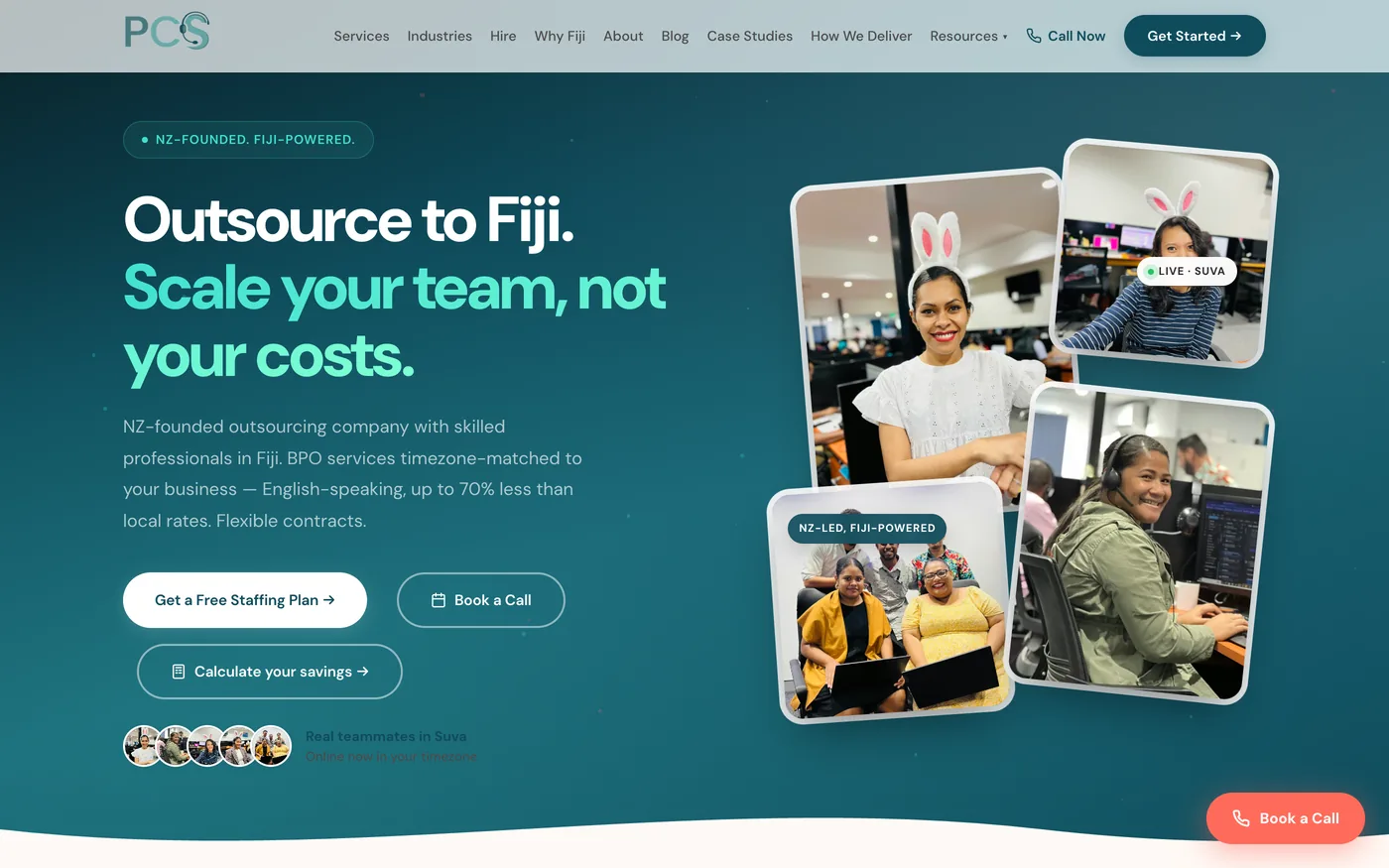PCS homepage, showing the outsourcing headline and photographs of the Suva team