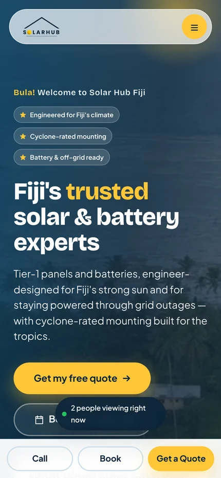 Solar Hub Fiji homepage on mobile