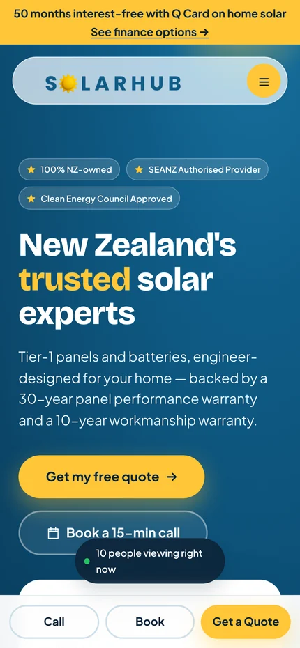 Solar Hub NZ homepage on mobile