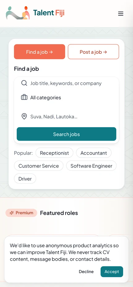 Talent Fiji homepage on mobile