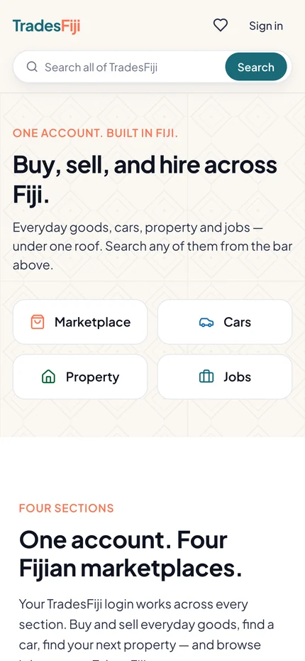 TradesFiji homepage on mobile